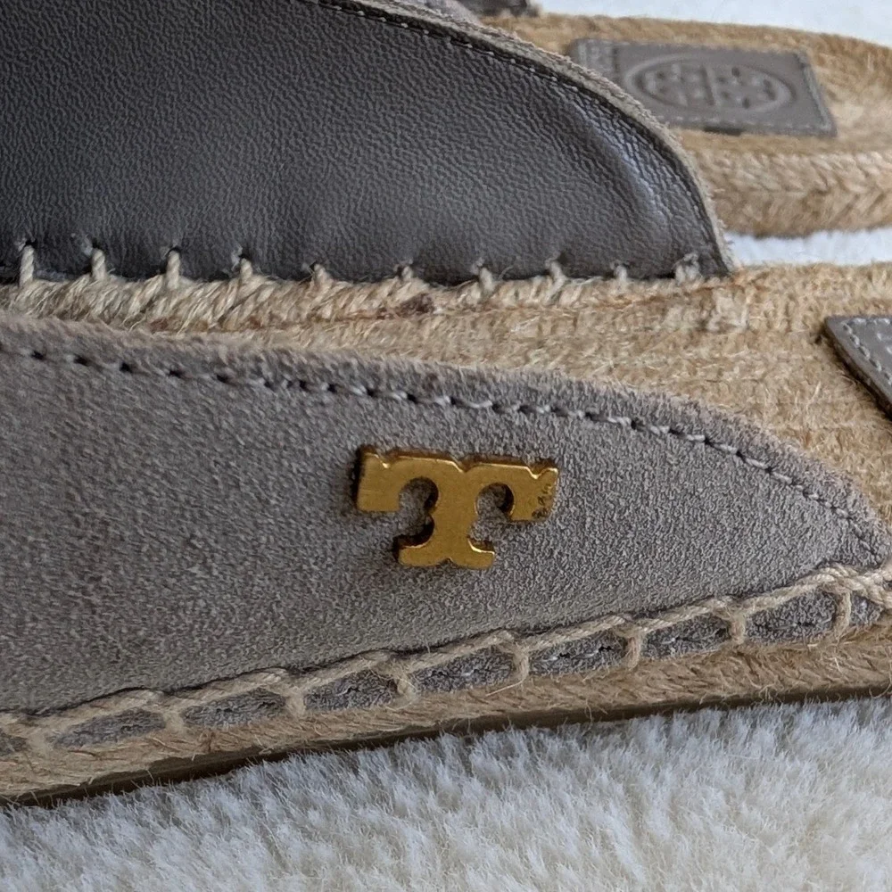 Tory Burch Gray Suede Espadrille Mules Slip On Flats Logo Gray Women Size 9